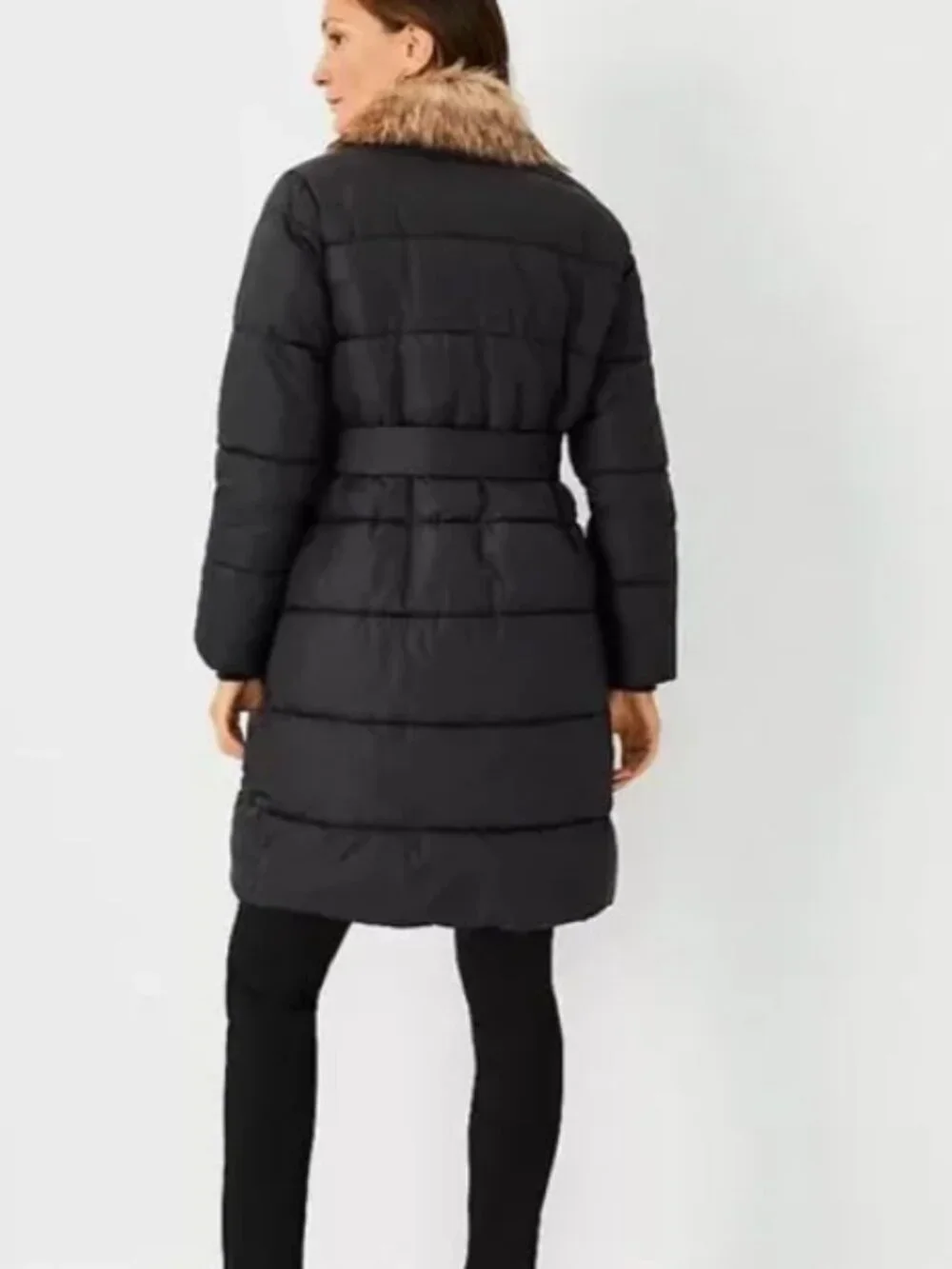 Ann Taylor Black Puffer Coat Faux Fur Collar Belted Mid Length